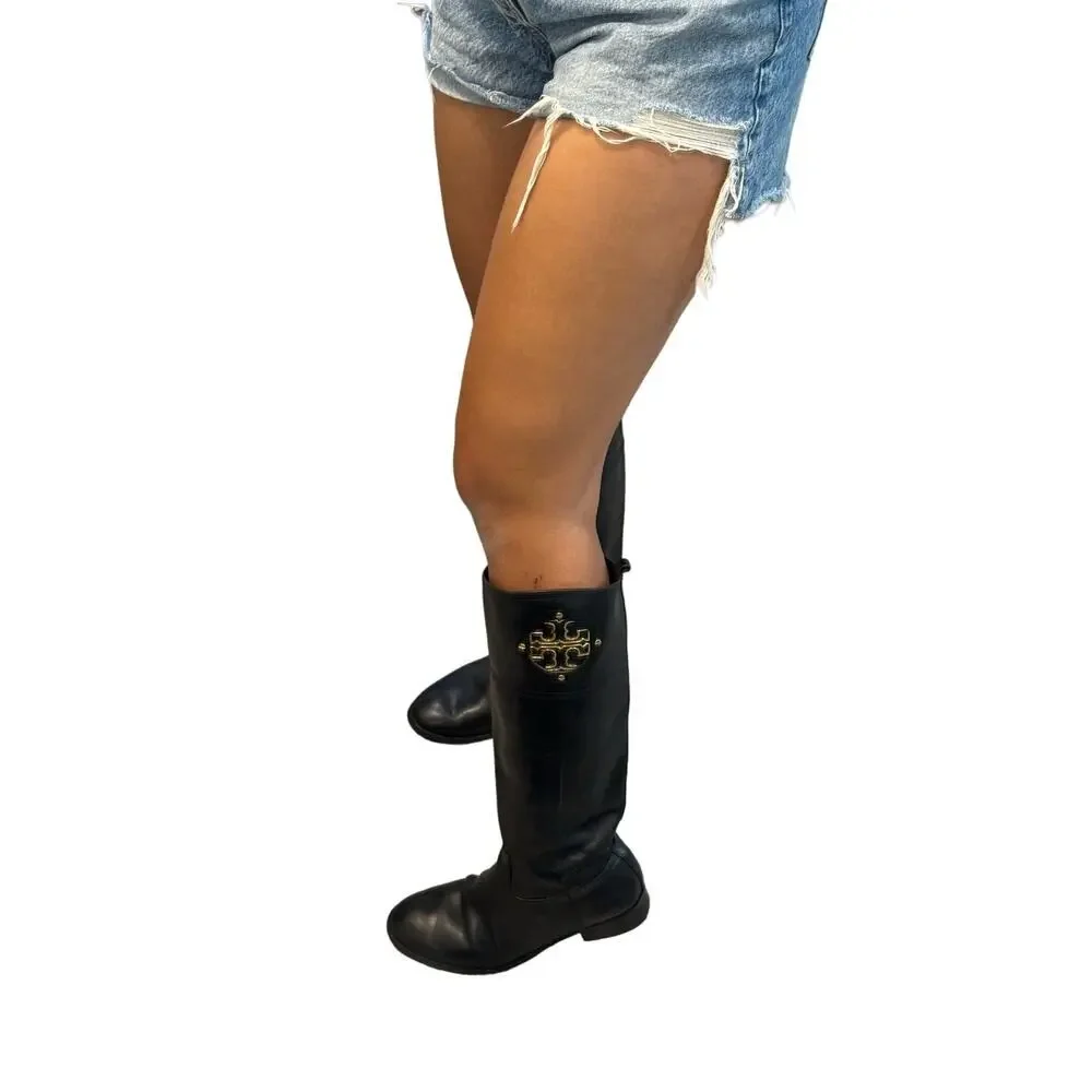 Tory Burch Kiernan Leather Knee High Black Riding Boots Gold Tory Logo